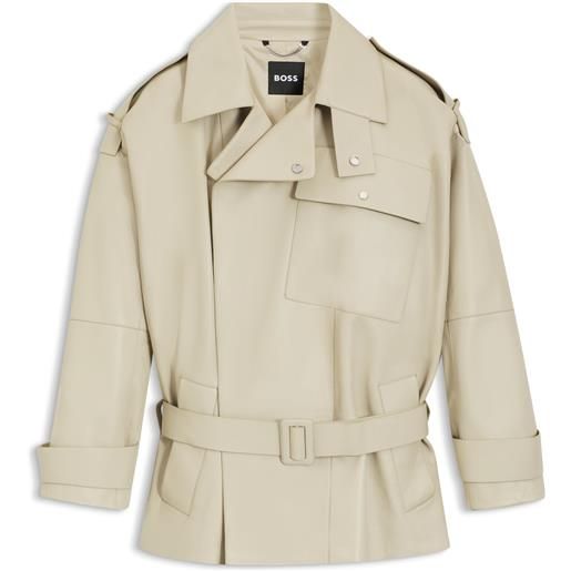 BOSS trench corto relaxed fit in pelle, beige chiaro