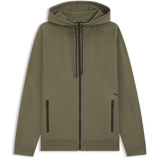 BOSS active felpa con cappuccio regular fit con zip e righe jacquard, oliva