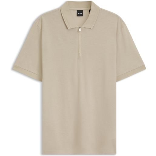 BOSS polo in misto cotone con chiusura con zip, beige chiaro