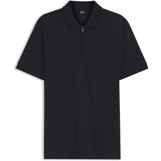 BOSS polo in misto cotone con chiusura con zip, blu scuro