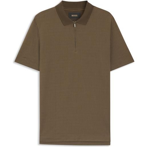 BOSS polo in cotone e seta con colletto con zip, marrone