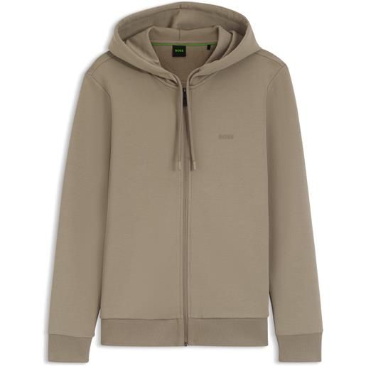 BOSS felpa con cappuccio e zip in cotone elasticizzato con logo, marrone chiaro