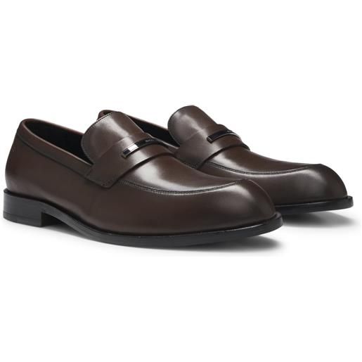 BOSS mocassini penny in pelle con rifiniture in metallo brandizzato, marrone scuro