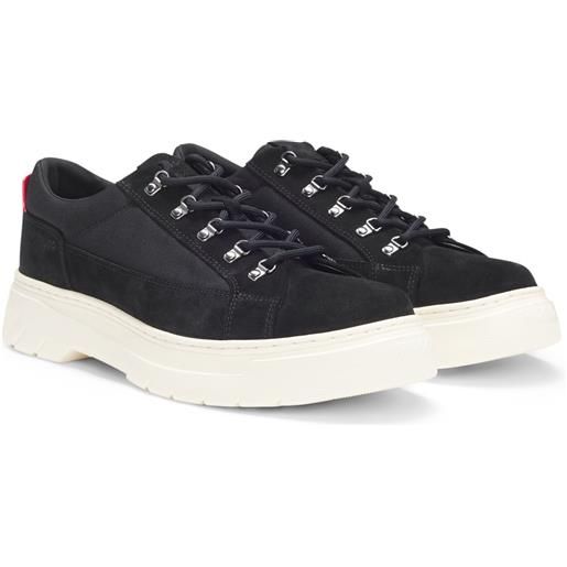 HUGO scarpe derby in pelle scamosciata con profili in tela, nero