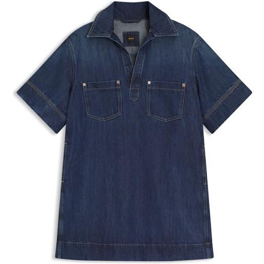 BOSS vestito in denim blu con colletto johnny, blu scuro