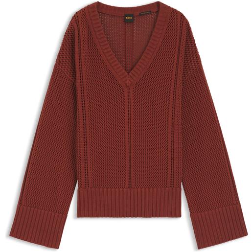 BOSS maglione in cotone con struttura a rete, rosso scuro