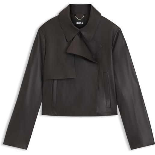BOSS giacca in pelle relaxed fit con styling trench, marrone scuro