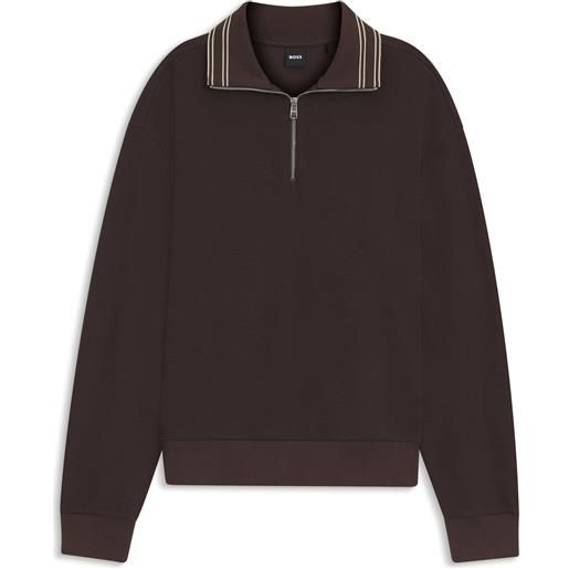 BOSS felpa in cotone con zip corta, marrone scuro