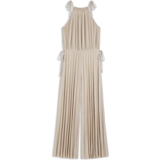 BOSS tuta jumpsuit scollata sul retro in jersey lucente con pieghe plissé, beige