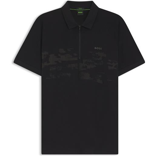 BOSS polo in misto cotone con zip e grafica riflettente, nero