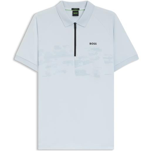 BOSS polo in misto cotone con zip e grafica riflettente, celeste