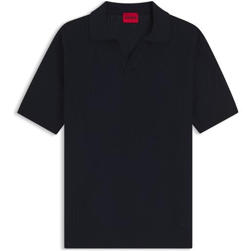 HUGO polo in maglia con colletto johnny in cotone-lino jacquard, blu scuro