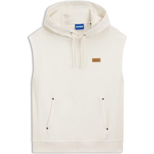 HUGO felpa con cappuccio smanicata in terry di cotone con targhetta con logo, colore neutro