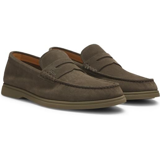BOSS mocassini penny in pelle scamosciata con logo, oliva