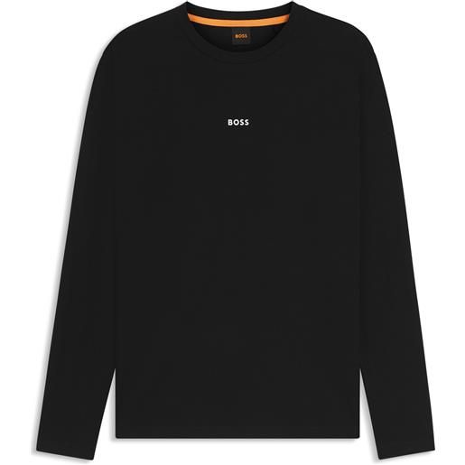 BOSS maglia a maniche lunghe in cotone elasticizzato con logo stampato, nero