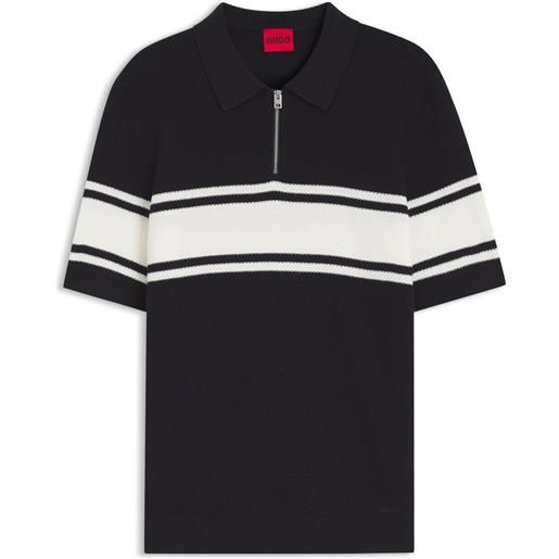 HUGO polo in maglia con colletto con zip a righe grosse, bianco / blu scuro