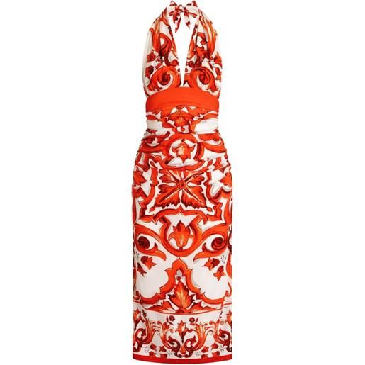 Dolce & Gabbana abito lungo in charmeuse con stampa maiolica - bianco