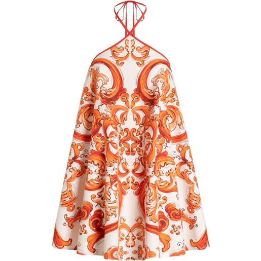 Dolce & Gabbana abito lungo svasato in popeline con stampa maiolica - bianco