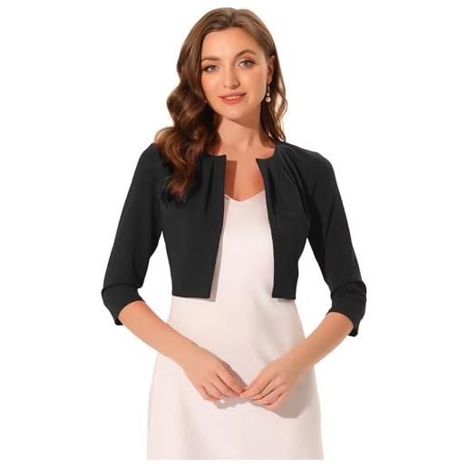 Allegra K cardigan corto da donna con maniche a 3/4, plissettato, senza colletto, nero , xs