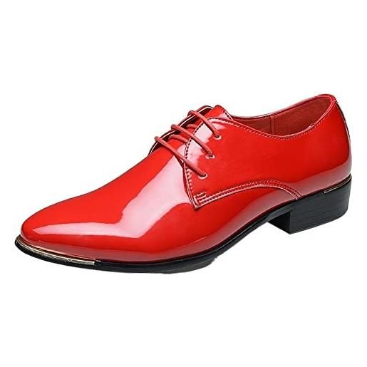 Ninepointninetynine scarpe eleganti da uomo stringate scarpe derby in pelle verniciata con punta liscia lucida tacco largo suola in gomma low top business (color: rosso, size: 42 eu)