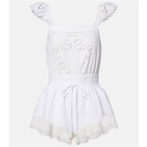 Self-Portrait jumpsuit corta in organza di lino e cotone con ricamo