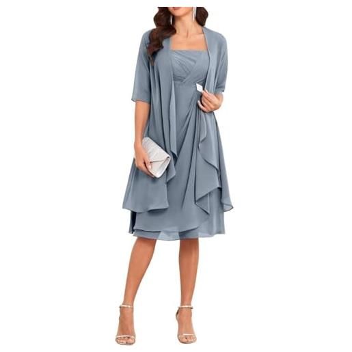 YIANN abiti per madre della sposa con giacca 2 pezzi a maniche mezze lunghezza ginocchio in chiffon, abito per madre sposa, azzurro, 44