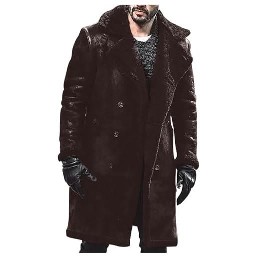 HAOLEI giacche in pelle lunga da uomo in pile giubbotto colletto con risvolto imbottito aviatore cappotto in finta di montone cappotti in morbida pelle di pecora vintage giacca invernale in ecopelle