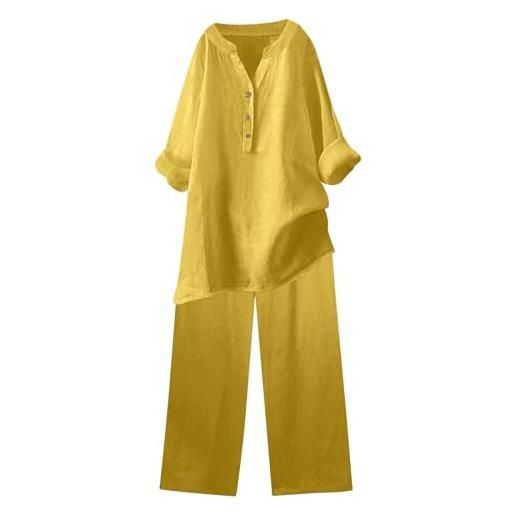 HAOLEI completo donna 2 pezzi di lino casual completo casa larghi taglie forti curvy tuta elegante camicia + pantaloni lino completa larghi tuta estiva confortevole due pezzi confortevole da casa