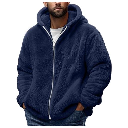 Generisch giacca in pile da uomo, oversize, invernale, calda, con chiusura lampo, giacca termica con cappuccio, per il tempo libero, leggera, tinta unita, classica con cappuccio, blu marino, 5xl