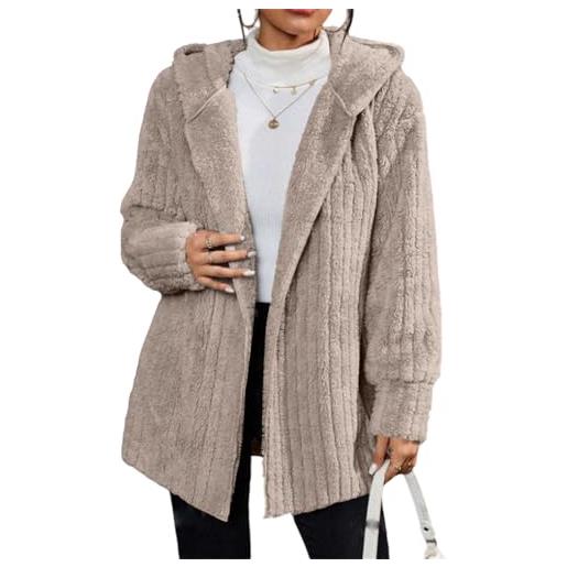 TOFOTL lunghi blazer invernali donna， maglioni aperto classico in pile a puro, lupetto in tunica con cappuccio, elegante donna giacche golfino con tasche maglie 06-cachi m