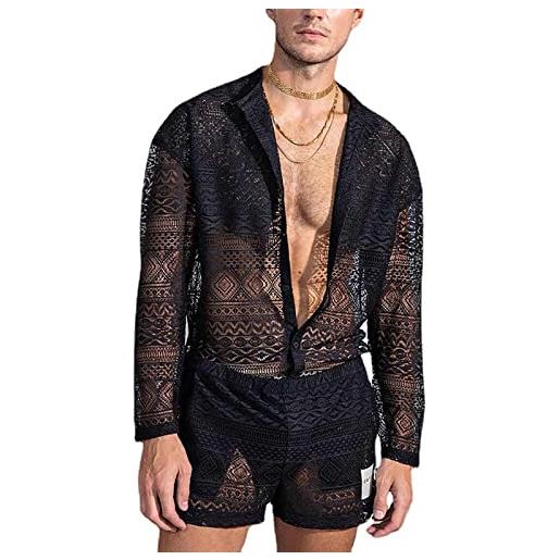 Rrongwn set di pantaloncini in pizzo da uomo, sexy, in pizzo, traspirante, camicetta in rete trasparente, tuta muscolare trasparente, pigiama a rete floreale, camicia da notte a maniche lunghe, 