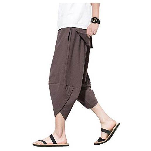 PRIJOUHE pantaloni capri harem da uomo con gamba larga, pantaloni estivi in lino, marrone, 3xl