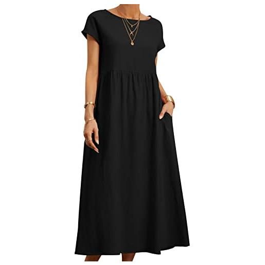 caoxhenr abito lungo casual da donna a maniche corte allentato abito da donna in cotone e lino abito estivo taglie forti con tasche, bn, m