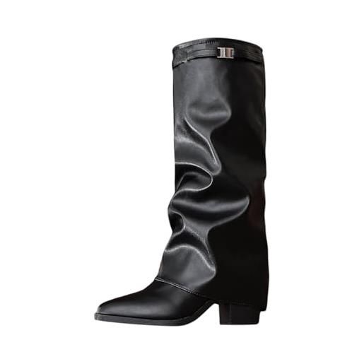 Generic stivali da donna con tacco alto al ginocchio e pieghevoli stivali da donna in stile western con ghetta risvolto, calde e comode, morbidi stivaletti a metà polpaccio in tinta unita (black, 38)