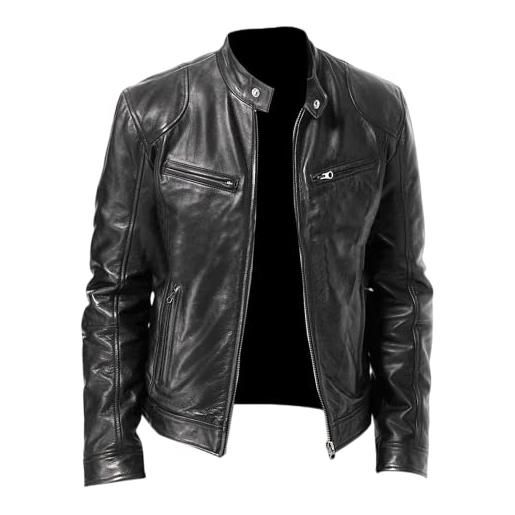 OHXSM giacca in pelle da uomo con colletto rialzato - giacca da moto in ecopelle casual con tasche con cerniera - leggera per autunno inverno