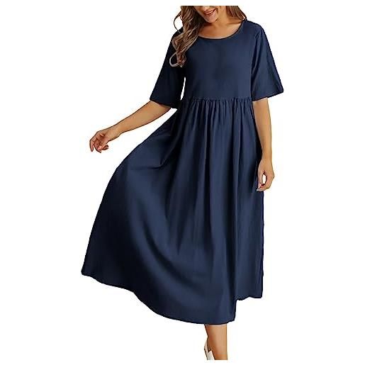 Generic abito in lino da donna, estivo, casual, a maniche corte, lungo, elegante, a tunica, leggero, traspirante, con tasche, per il tempo libero, a vita alta, blu marino, l