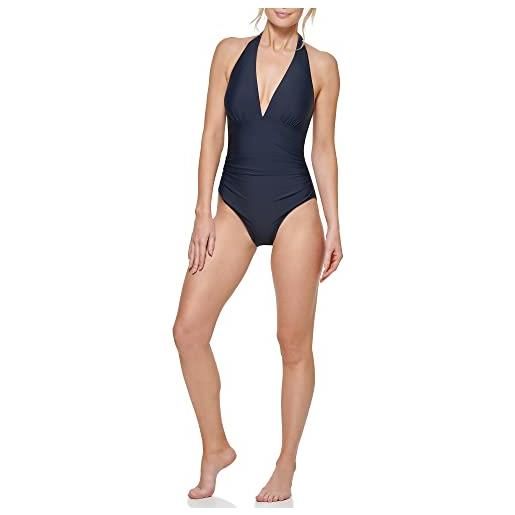 Tommy Hilfiger costume da bagno intero da donna elasticizzato con controllo pancia e scollo all'americana, blu chambray. , 42