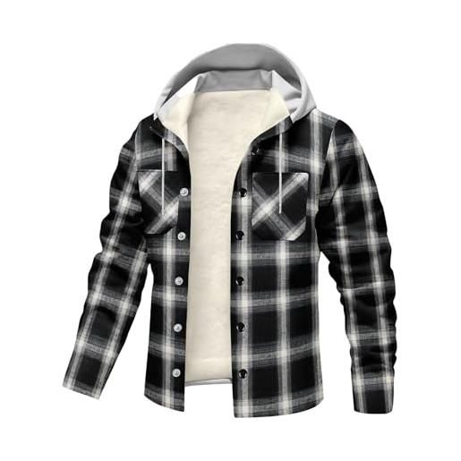 Generic giacca da boscaiolo da uomo, in flanella, a quadri, con cappuccio, in pile, a maniche lunghe, con bottoni, imbottita, calda per l'inverno, blu scuro, xxl