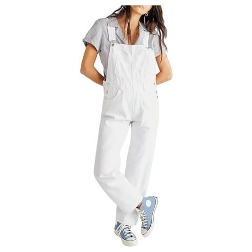 shownicer salopette casual stretch denim donna jeans tuta con tasche ragazza sciolto overall lunga casual pantaloni jumpsuit a bianco m