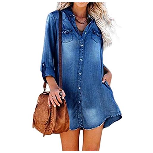 shownicer vestiti jeans donne manica corta casual tunica vestito denim con button camicia vestito scollo a v mini abito estivi vestito da spiaggia i blu m