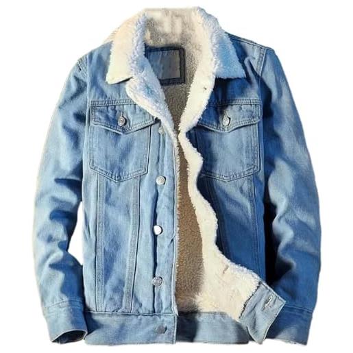 Juankrynord giacca invernale da uomo casual spessa e calda in denim con tasche imbottita vintage trapuntata giacca con cappuccio slim, calda fodera in peluche cappotto parker (blu, m)