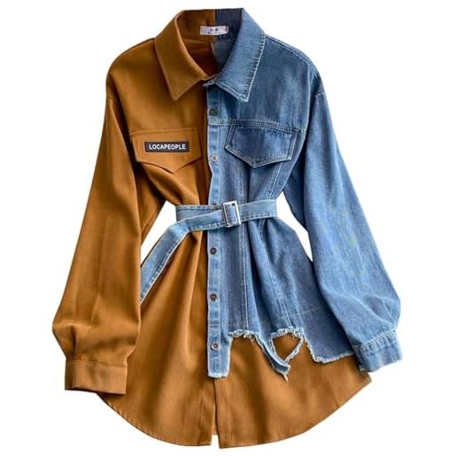 Goolecrimp abito camicia da donna casual in denim patchwork con risvolto elegante camicia in denim con orlo irregolare manica lunga e bottoni in vita (marrone, taglia unica)