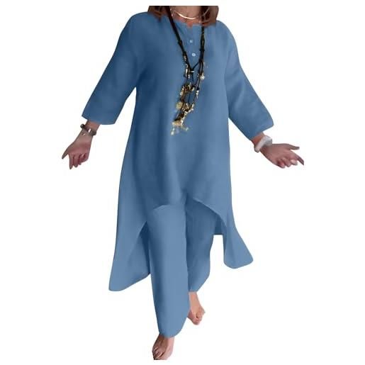 shownicer tuta donna completa curvy tuta elegante estiva leggera due pezzi manica lunga tops + pantaloni lino set larghi taglie forti completo tute streetwear f1 azzurro s
