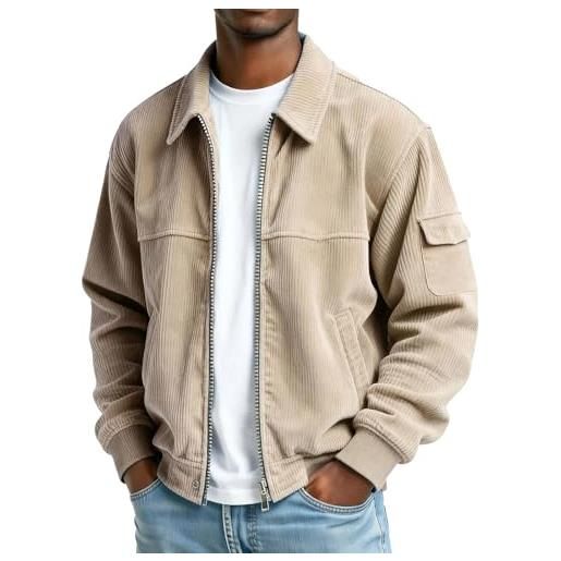 Generic felpe in velluto a coste da uomo con zip intera giacca in pile camicie da uomo colletto alla coreana giacche calde invernali leggere a maniche lunghe pullover texture strisce felpa cappotti, cachi, xl