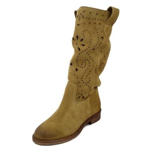 OSVALDO PERICOLI stivali donna estivi in pelle camoscio marrone cuoio, tacco basso, 082