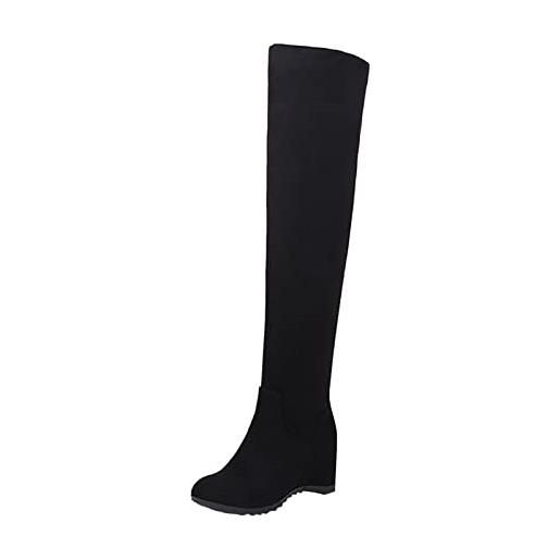 Generic stivali sopra il ginocchio da donna con zeppa - stivali alti al ginocchio, stivali lunghi elasticizzati in pelle scamosciata, classici stivali da donna con punta tonda antiscivolo, nero , 39 eu