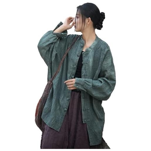 LZJN camicie da donna in lino camicette oversize vintage giacche a maniche lunghe sagomate con bottoni a rana cinese capo trench a vestibilità ampia, nero, l