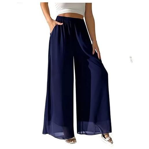 Generic abito da donna in chiffon da spiaggia, gamba larga, vestibilità ampia, pantaloni lunghi leggeri fluidi con tasche, marina militare, xxl