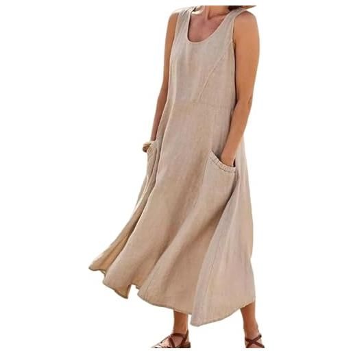 FEATEFACE abito lungo estivo da donna, in cotone e lino, senza maniche, elegante, con tasche, taglie forti, comodo e largo, cachi, l