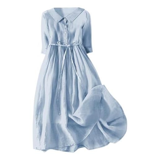 Generic vestito donna estivo vestito cotone lino abiti donna estivo abiti di lino midi donne casual moda vestiti cotton manica corta vestito donna comodo curvy abito mare spiaggia donna estate abito